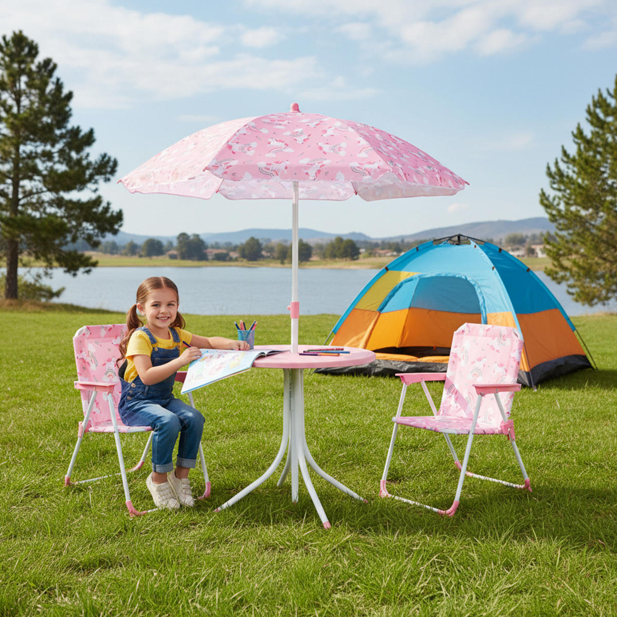 KINDERSITZGRUPPE Mehrfarbig 4-tlg.-Set mit Schirm Einhorn - Rosa, Kunststoff/Textil - Relaxdays