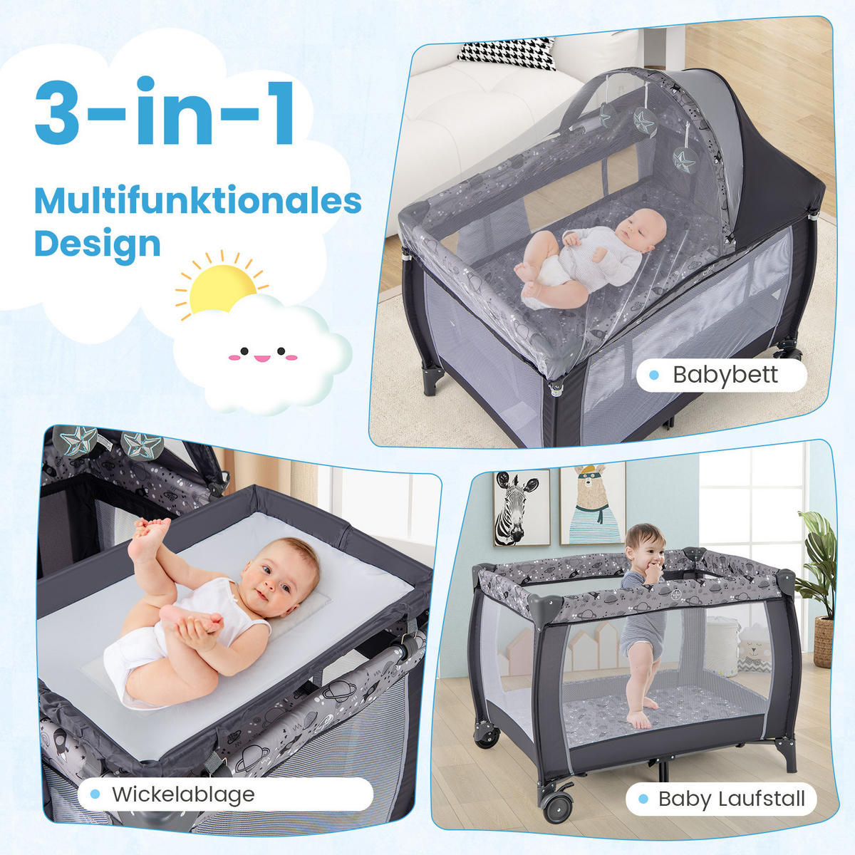 BABYBETT Grau - Grau, Textil - COSTWAY