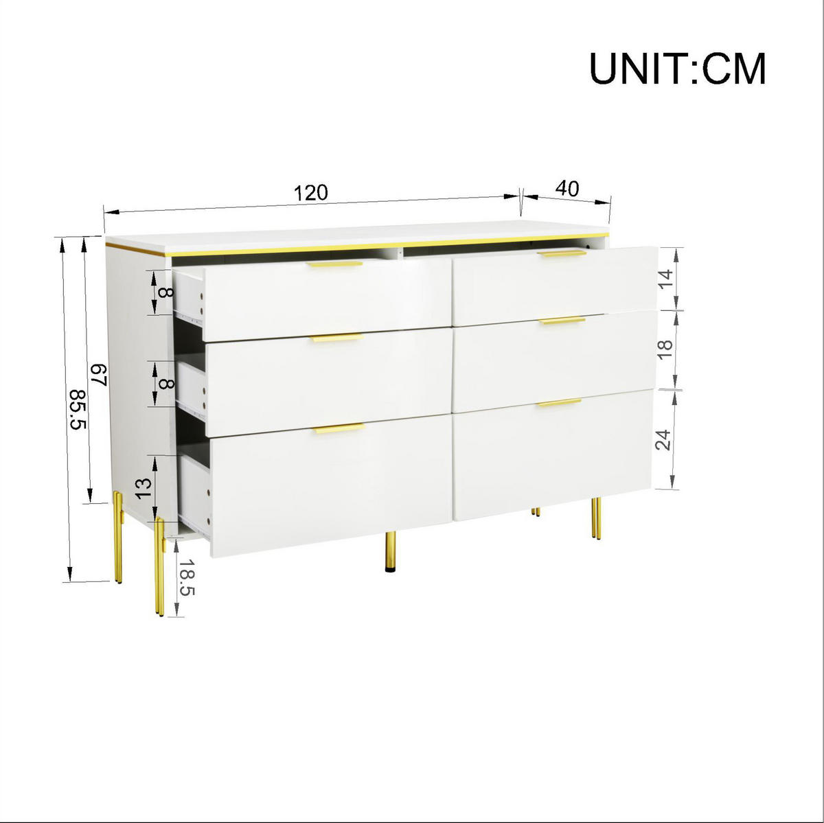 KOMMODE 120/40/85,5 cm mit 6 Schubladen und goldfarbenen Griffen - Weiß, Holzwerkstoff (120/85.5/40cm) - BEAOK