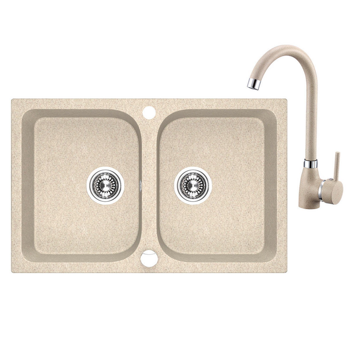 SPÜLEN-SET Celia Beige, 3-teilig, Doppelbecken, mit Armatur, 48/76/18,4 cm - Beige, Stein (48/18.4/76cm) - bad land