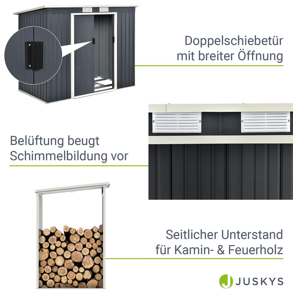 GERÄTESCHUPPEN M mit Holzunterstand links - Anthrazit, Metall (213/173/130cm) - Juskys
