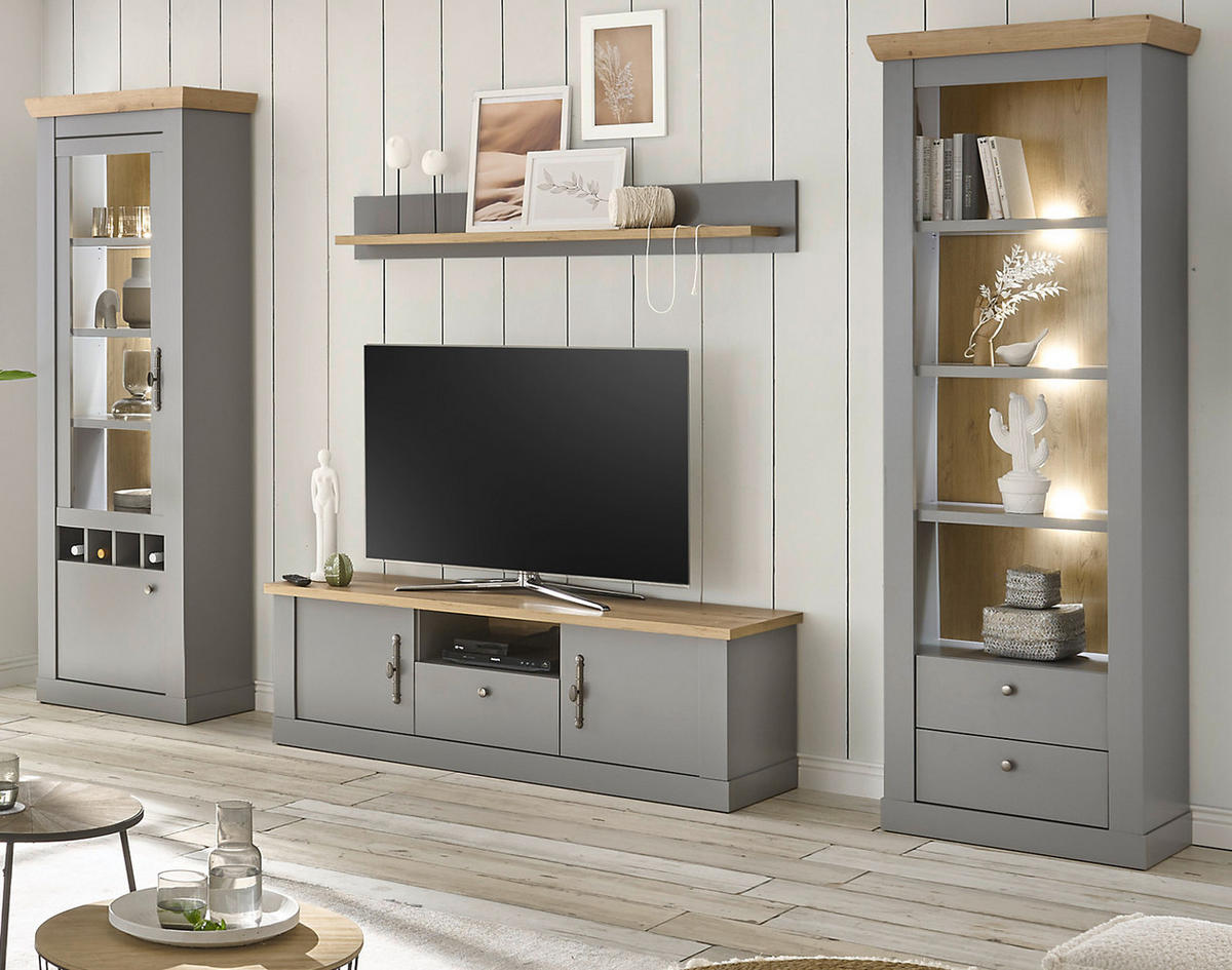 WOHNWAND grau, Artisan Eiche 4-teilig Landhaus, Wohnkombination mit viel Stauraum - Silberfarben/Hellgrau, Glas/Holzwerkstoff (317/201/44cm) - Furn.Design