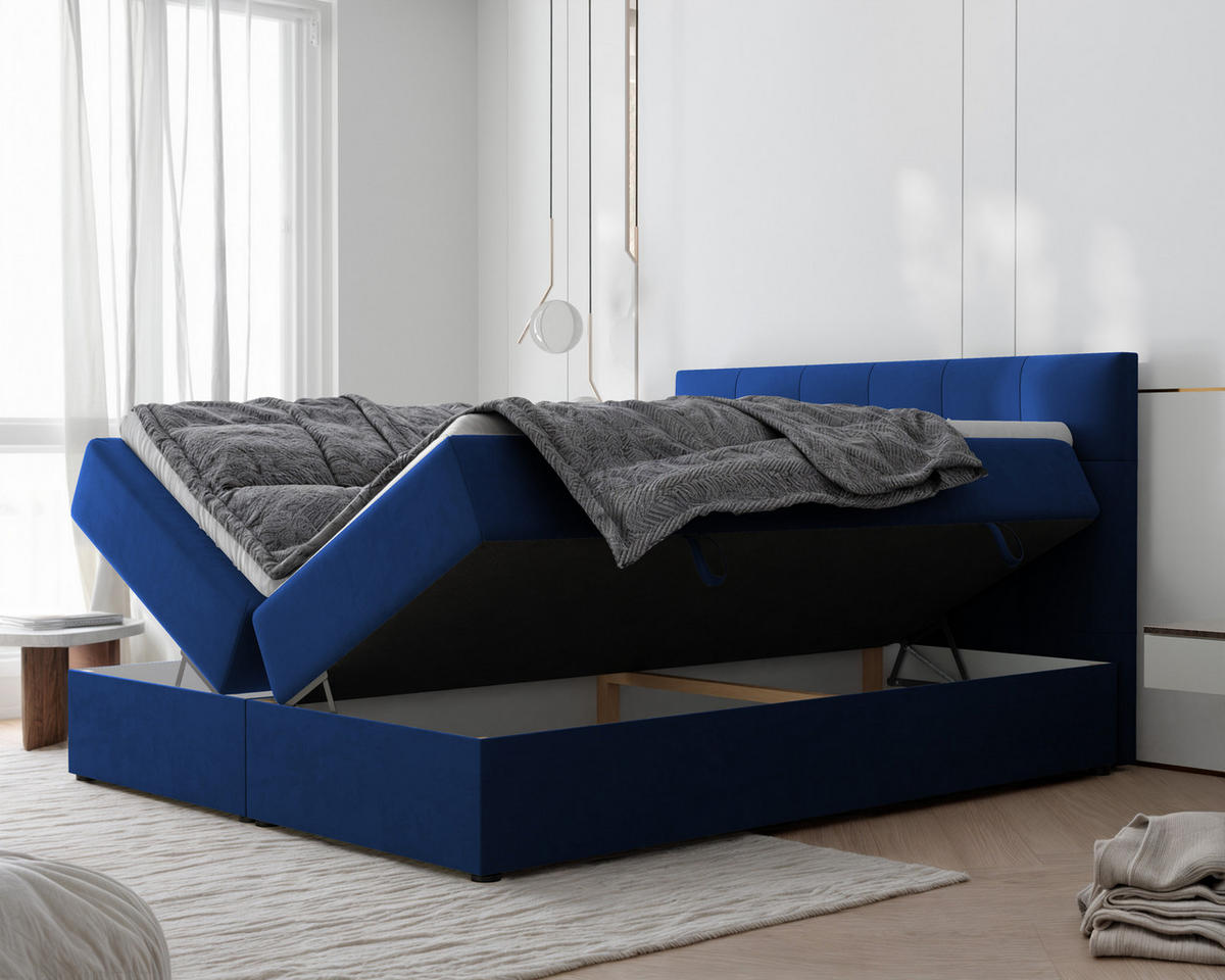 BOXBETT RENZO 200/200 cm mit Matratze und Topper, Dunkelblau - Dunkelblau, Holzwerkstoff/Textil (200/200cm) - Idohome
