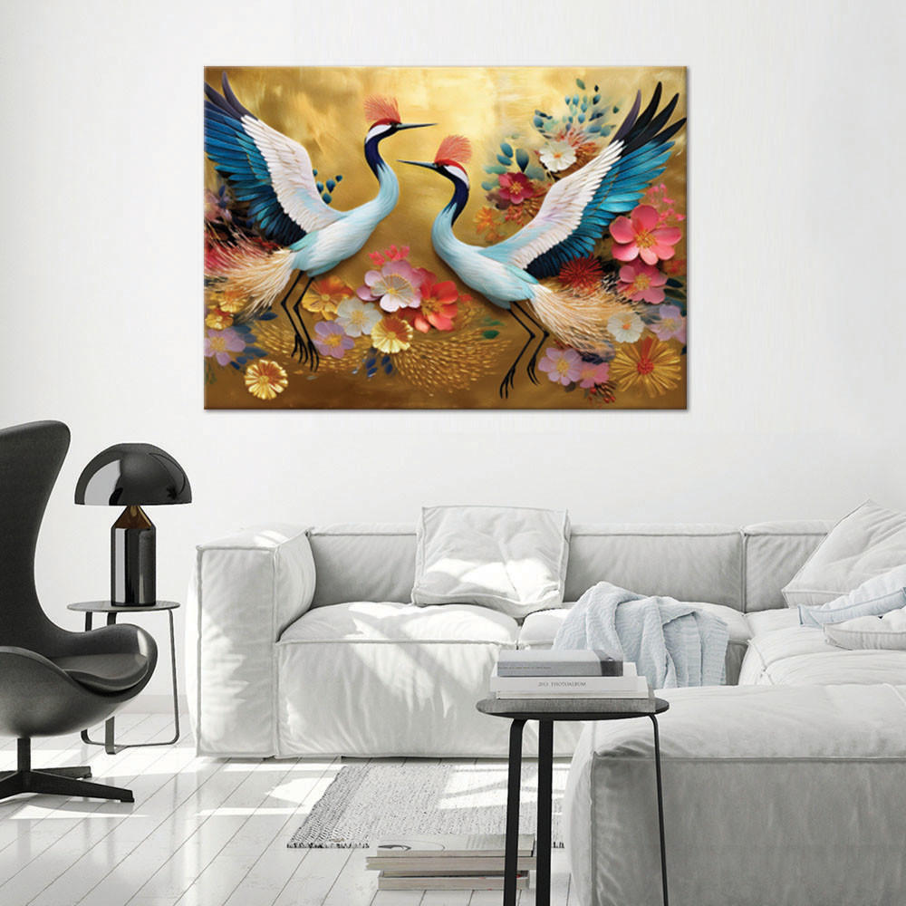 WANDBILD kraniche blumen auf goldenem hintergrund - Multicolor, Textil (60/40cm) - Feeby