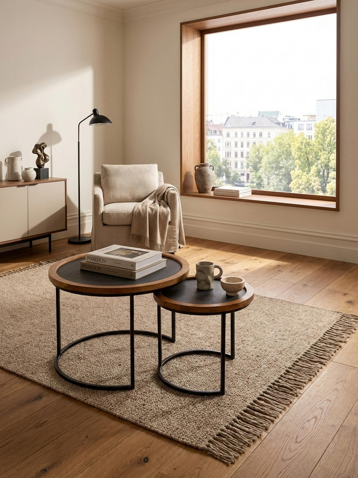 COUCHTISCH Set – 2-teilig Rund Mango Massivholz Steinoptik Metall Braun Anthrazit - Schwarz/Braun, Holz/Metall (60/60/46cm) - KADIMA DESIGN