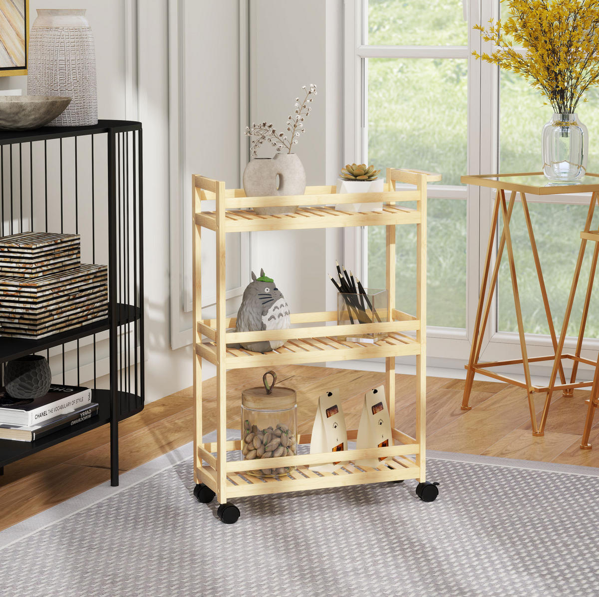 SERVIERWAGEN 55/20/75 cm aus Bambus mit 3 Ablagen und Rollen - Hellbraun, Naturmaterialien (55/75/20cm) - Flora Grace