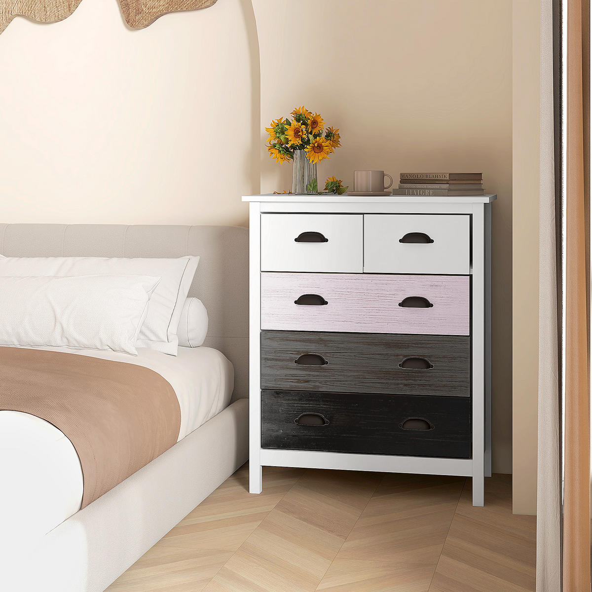 KOMMODE Aufbewahrungsschrank mit 5 Schubladen, Schubladenschrank mit Griff - Weiß, Metall (38/85/70cm) - HOMCOM