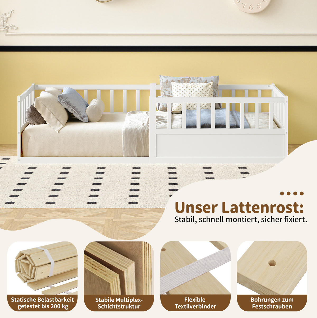 KINDERBETT 90/200 cm aus Kiefer mit Rausfallschutz und Lattenrost Weiß - Weiß, Holz (90/200cm) - Modenvie