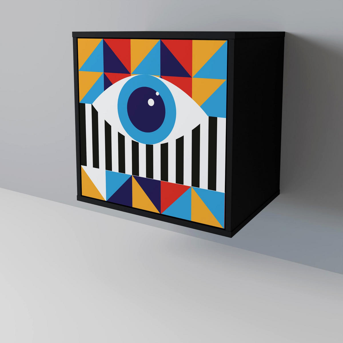 SIDEBOARD ABSTRACTION AND GEOMETRY, Schwarz, 57,5x42x70,5 cm, Schwarze Metall-Sternfüße - Multicolor/Schwarz, Holzwerkstoff/Metall (57.5/70.5/42cm) - SpaceRebels