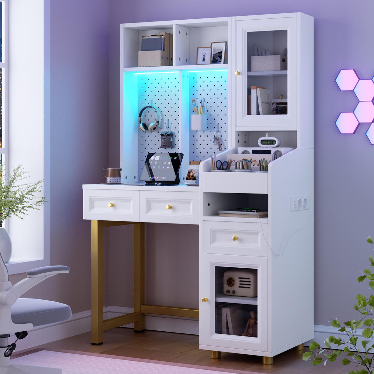 SCHMINKTISCH in Weiß mit LED-Beleuchtung und Glasvitrine für Schlafzimmer, B100/T45/H156 cm - Goldfarben/Weiß, Holzwerkstoff/Metall (100/156/45cm) - STILVORA
