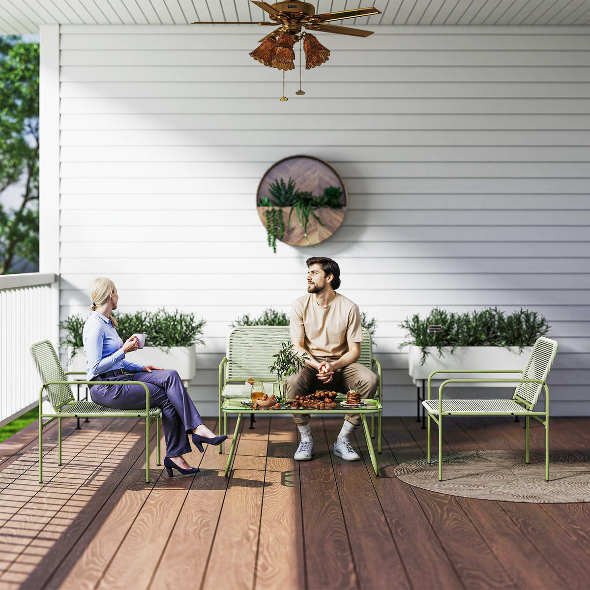 GARTENLOUNGE 4tlg DE-13634 Polyrattan mit Glastisch Grün - Grün, Metall - ComfortXL