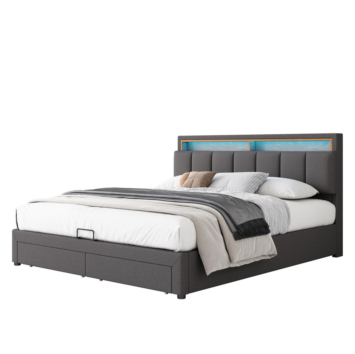 POLSTERBETT 180/200 cm dunkelgrau aus Leinen mit LED und Bettkasten - Dunkelgrau, Textil (180/200cm) - OKWISH