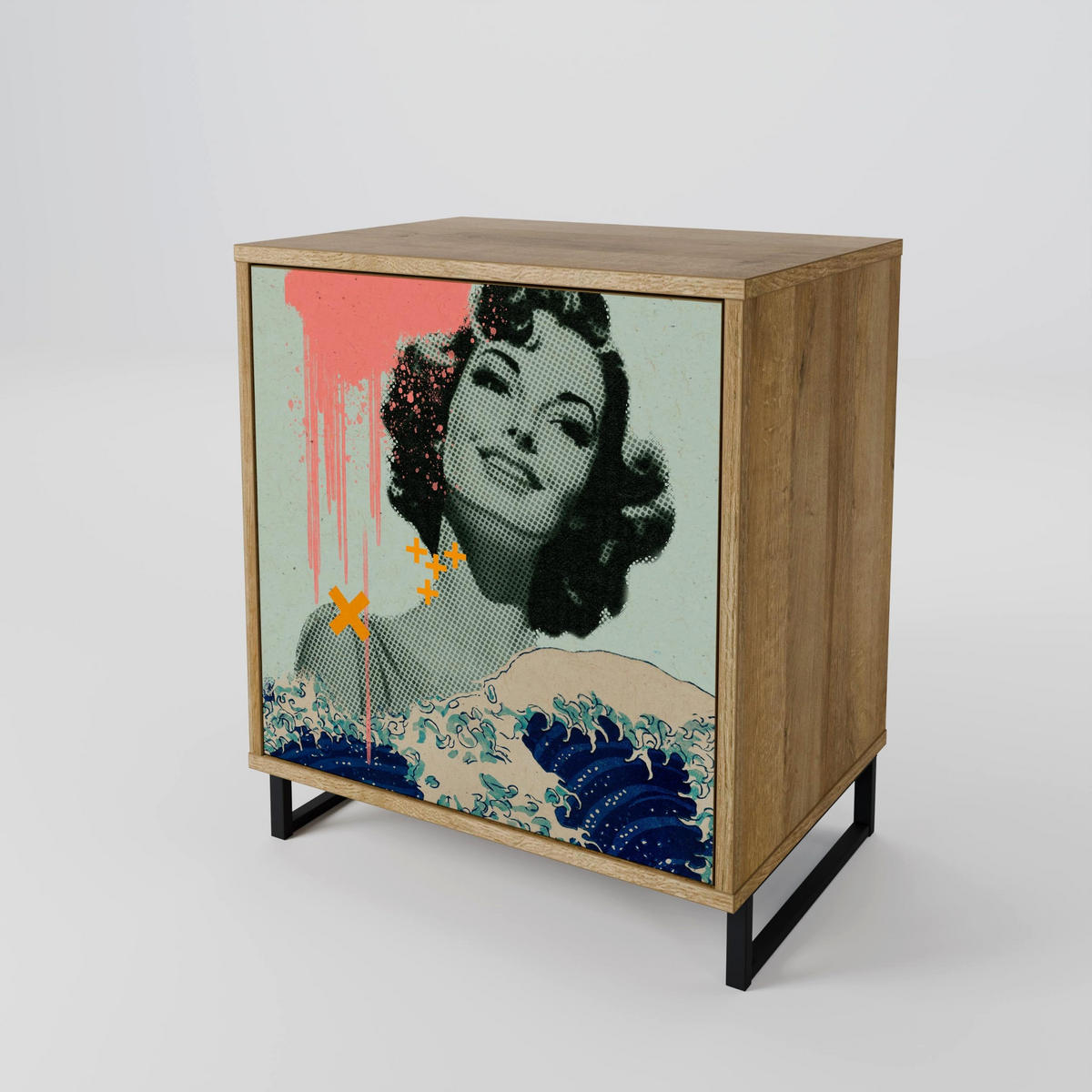 SIDEBOARD KANAGAWA BEAUTY, Eichefarben, 57,5x42x57,5 cm, Ohne Füße - Eichefarben/Multicolor, Holzwerkstoff (57.5/57.5/42cm) - SpaceRebels