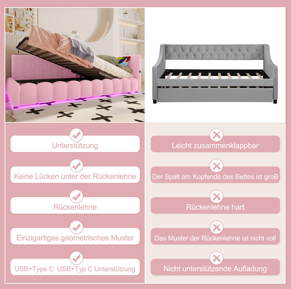 POLSTERBETT 90/200 cm Rosa aus Vliesimitat mit Stauraum - Rosa, Textil (90/200cm) - OKMYHOME