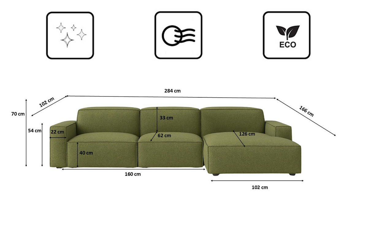 ECKSOFA Cursal L-Form, Stoff Artico, Moss, Rechts - Grün, Holz (284/166cm) - Kaiser Möbel