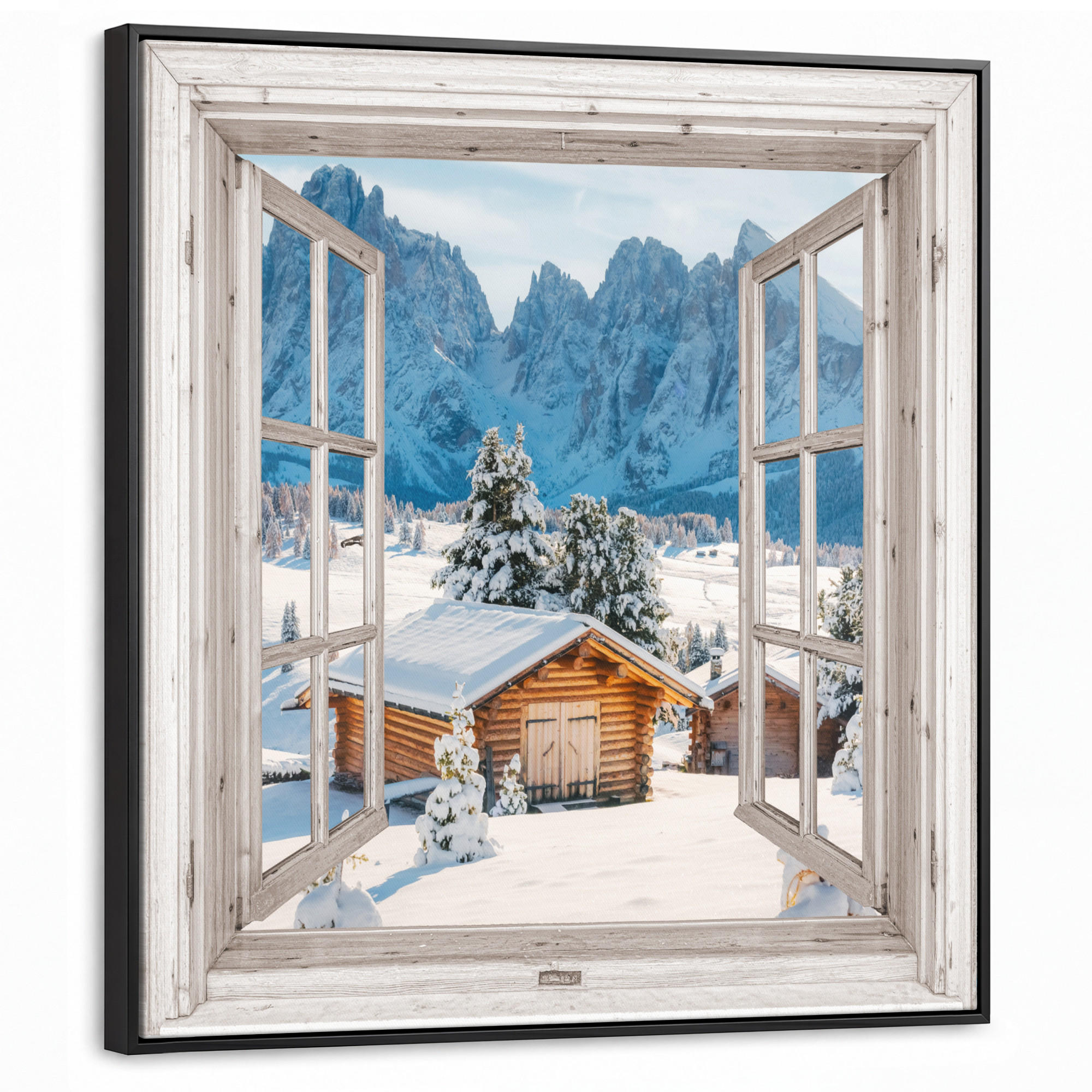 LEINWAND Bilder mit Rahmen - Winterlandschaft - Hütte - Berge - Ausblicke - Aussicht - Natur - 90x90 - Weiß Hochglanz, Textil (90/90cm) - MuchoWow
