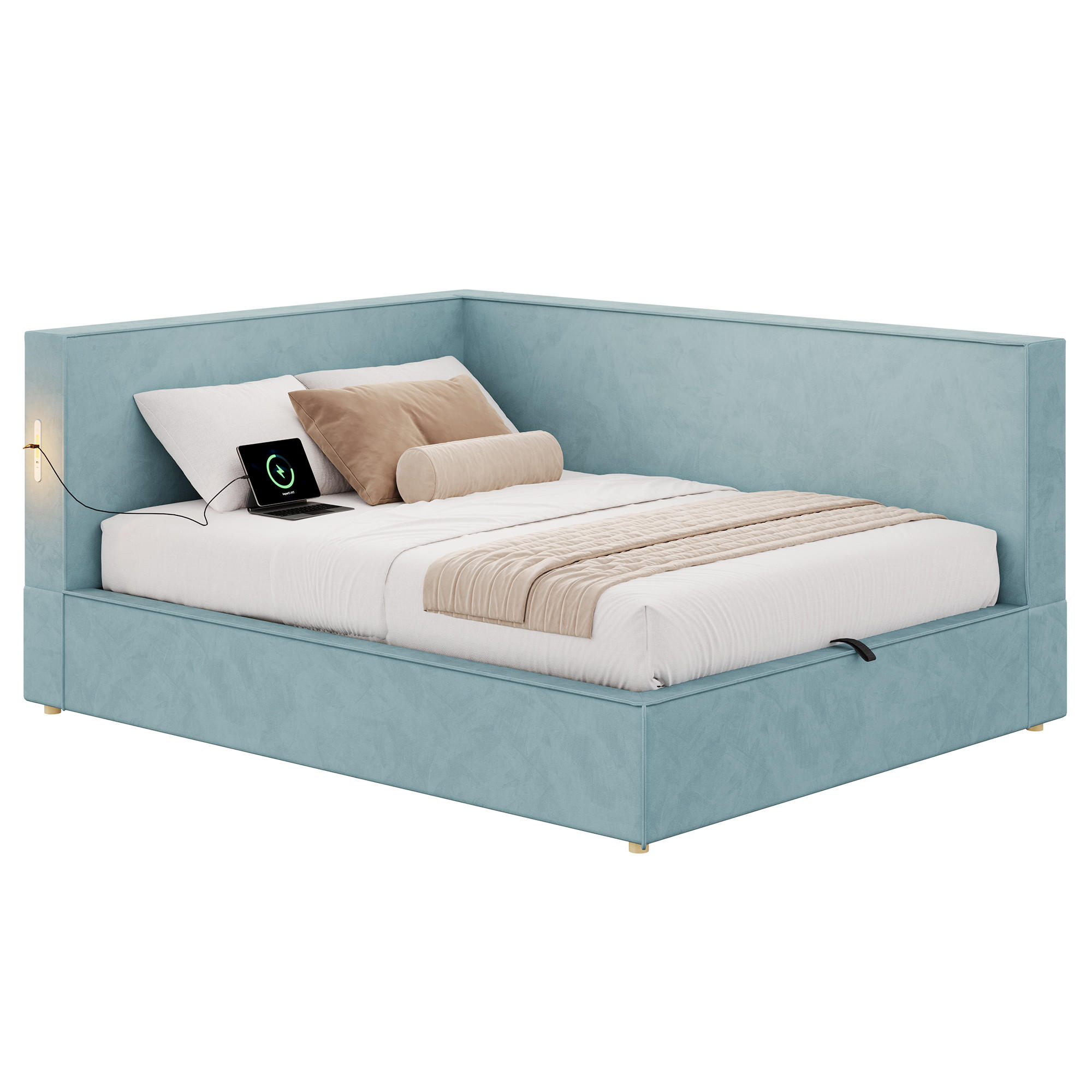 DAYBETT 140x200 cm, Blau, Samt, LED, USB/Typ-C - Blau, Textil (140/200cm) - FLIEKS