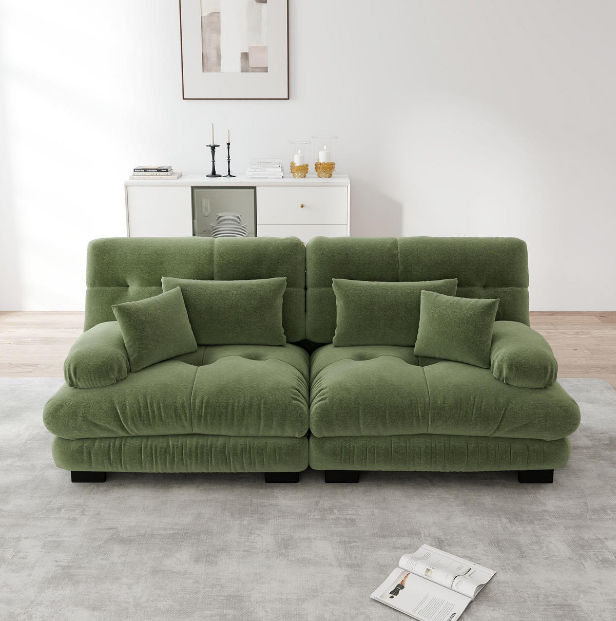 SOFA modular Chenille Green mit 2 Lendenkissen und 2 Dekokissen - Grün, Kunststoff (77/81/220cm) - Meubliv