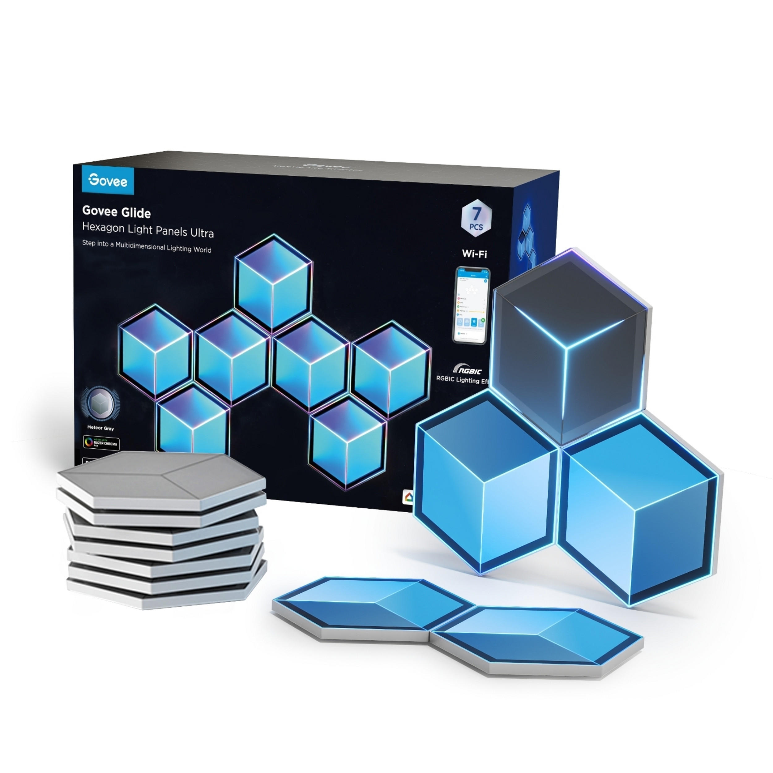 WANDLEUCHTE Glide Hexagon Light Panels Ultra RGBICW, 7er-Set - Multicolor, Kunststoff (17.8/1.3/20.4cm) - Govee