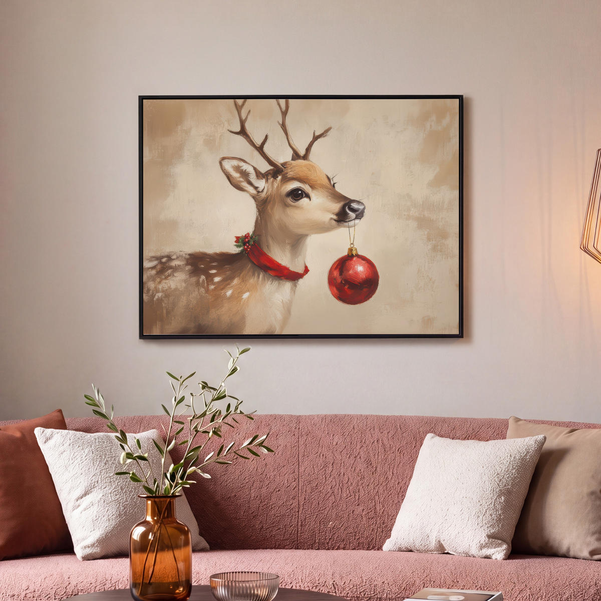 LEINWAND Bilder mit Rahmen - Weihnachten - Hirsch - Geweih - Weihnachtskugel - Rentier - 80x60 - Hellbraun, Textil (80/60cm) - MuchoWow