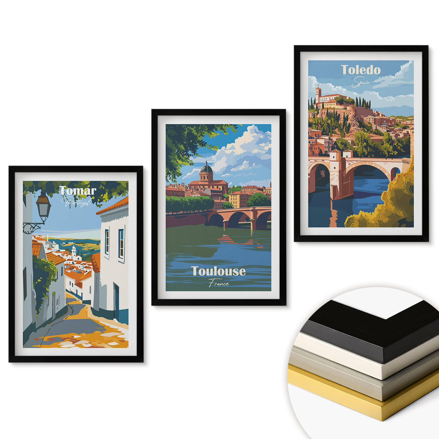 WANDBILDER 3er-Set - 40x60 cm Schwarzer Rahmen - Retro-Stadtgrafiken - Schwarz, Kunststoff (40/60cm) - ArtPrintCave