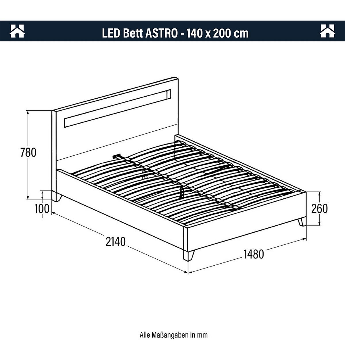 LED Bett ASTRO mit Matratze - 140 x 200 cm Schwarz - Schwarz, Kunststoff - Home Deluxe