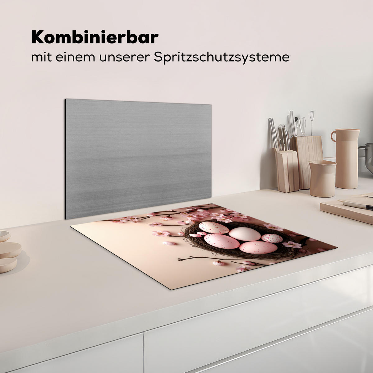 HERDABDECKPLATTE Rosa - Blüten - Eier Herdabdeckung Induktionsfeld 60x52 cm - Hellrosa, Kunststoff (60/52/0.2cm) - MuchoWow