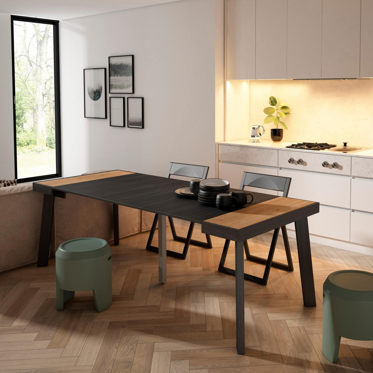 KONSOLENTISCH ausziehbar 58 bis 222cm, für 10 Gäste, eiche, schwarz, 90/58/73cm - Eichefarben/Schwarz, Holzwerkstoff (90/222/73cm) - Skraut Home