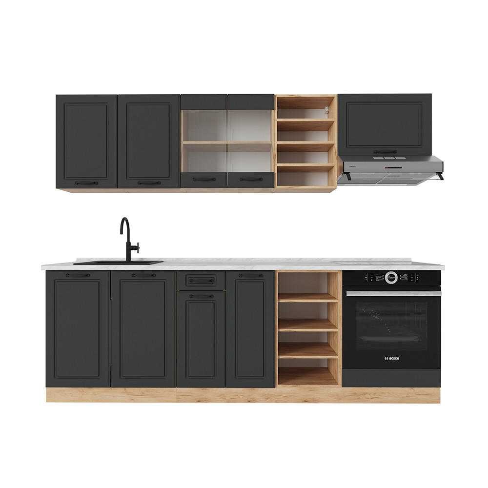 KÜCHENZEILE R-Line Anthrazit Landhaus/Goldkraft Eiche 240 cm , AP Marmor - Dunkelgrau/Anthrazit, Holzwerkstoff (240/81.6/60cm) - Vicco
