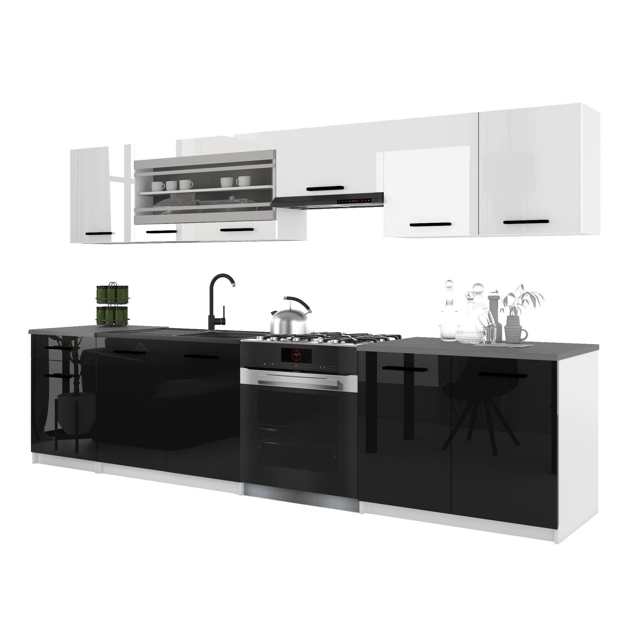 KÜCHENZEILE Italia 4 260 cm, mit Arbeitsplatten, Weiß-Schwarz - Schwarz/Weiß, Holz (260/143/60cm) - B BELINI GROUP