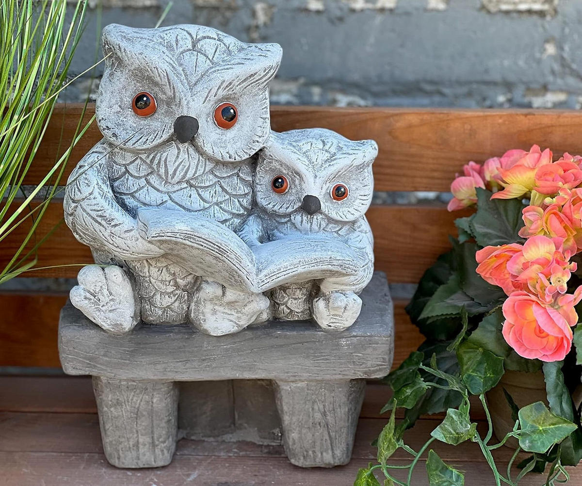 STEINFIGUR 2 Eulen auf Stamm lesen frostfest Steinguss - Grau, Stein (14/25/31cm) - stoneandstyle
