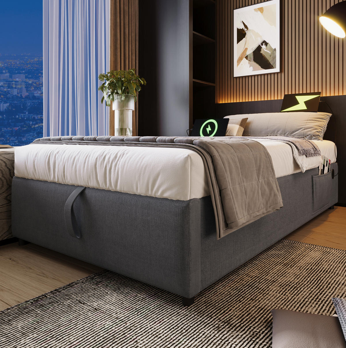 POLSTERBETT aus Baumwoll-Leinen 90x190 cm in Grau mit USB-C & Stauraum - Grau, Textil (90/190cm) - Modfu