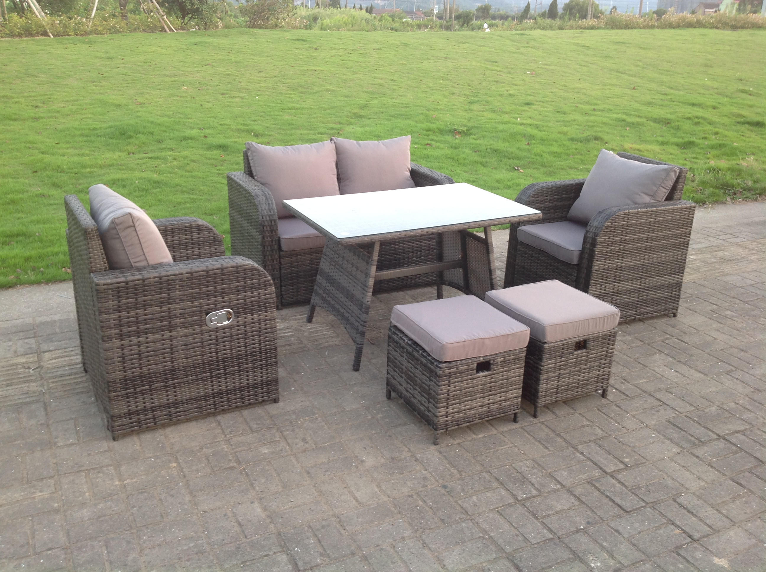 LOUNGESOFA SET mit Hocker Polyrattan 5-Sitzer - Dunkelgrau/Grau, Glas/Kunststoff - Fimous