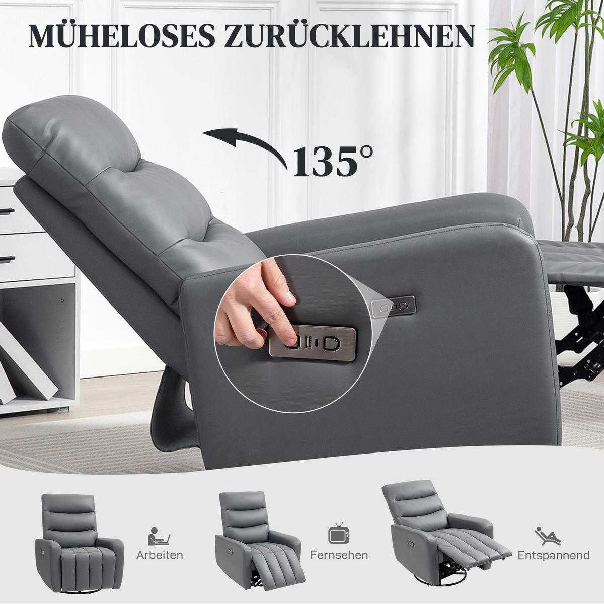 ELEKTRISCH Relaxsessel Fernsehsessel mit Liegefunktion, Schaukelfunktion Grau - Grau, Kunststoff (79/104/89.5cm) - HOMCOM