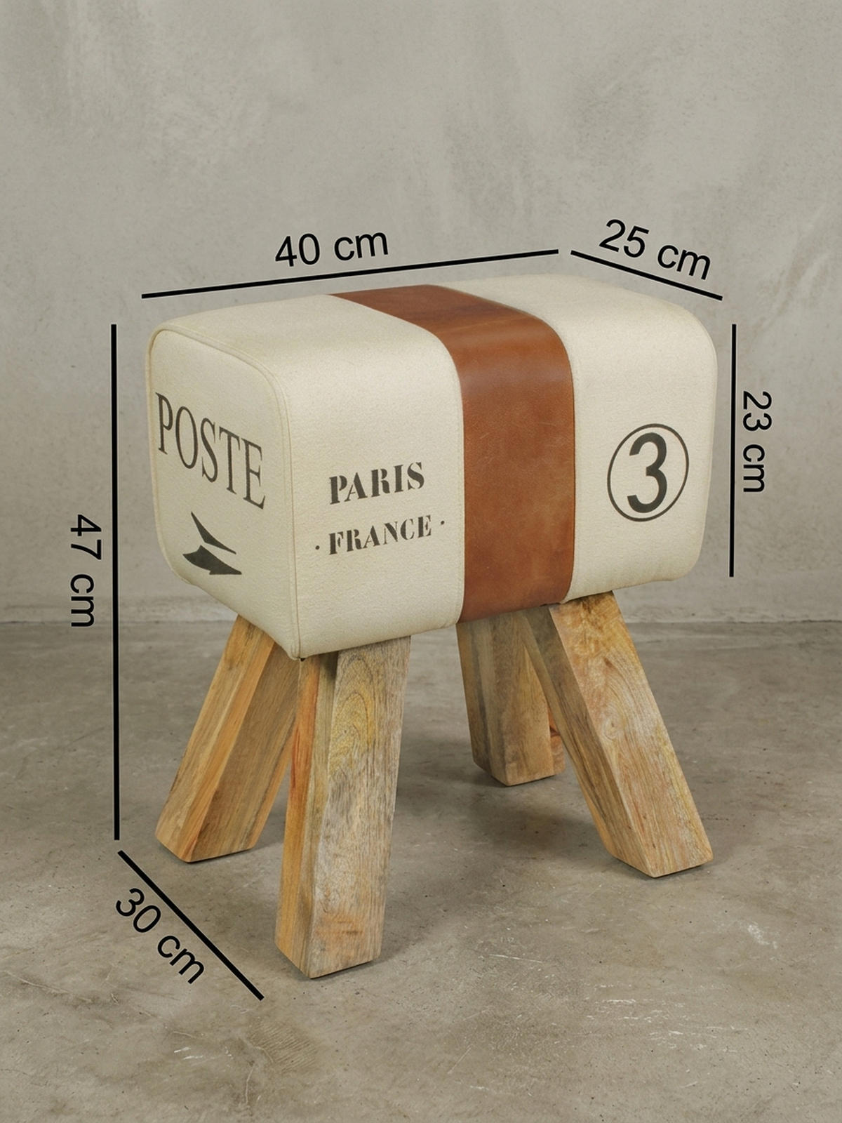SITZHOCKER Retro Landhaus Holzbeine, Beige 40x30x47 cm - Cognac/Beige, Mangoholz/Textil (40/47/30cm) - KADIMA DESIGN