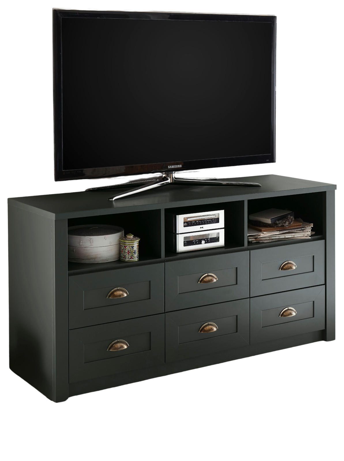 TV-LOWBOARD grün Landhaus, TV Unterteil mit Komforthöhe 130 x 67 cm - Chromfarben/Schwarz, Holzwerkstoff/Kunststoff (130/67/43cm) - Furn.Design
