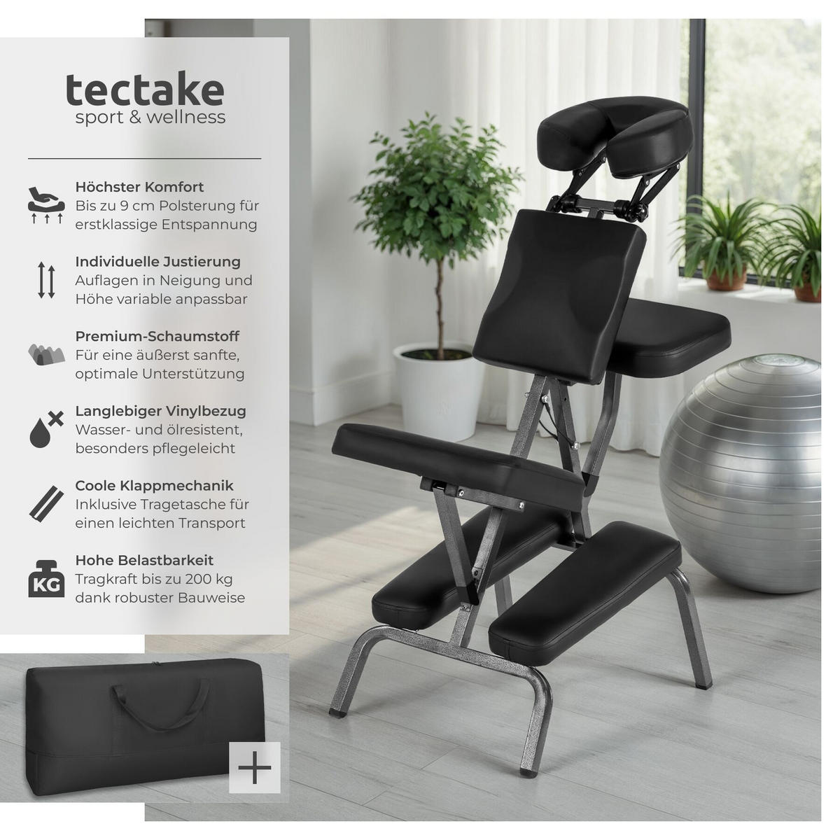MASSAGESTUHL , 80 x 50 x 105 cm, schwarz - Schwarz, Metall (50/105/80cm) - tectake