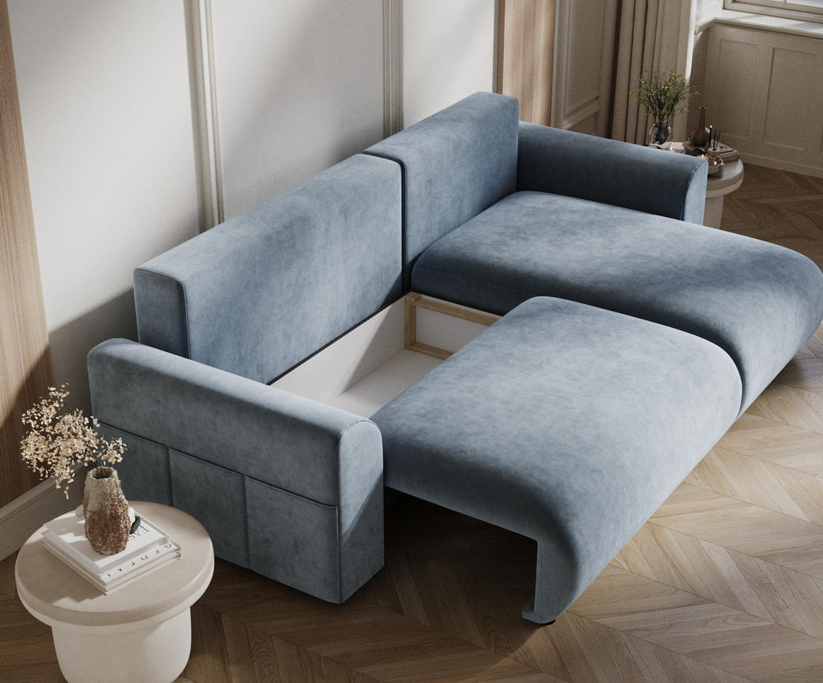 ECKSOFA MIT SCHLAFFUNKTION Bodega Blau Grau Samtstoff - Blaugrau/Schwarz, Holz/Holzwerkstoff (235/138cm) - Maison de Reve