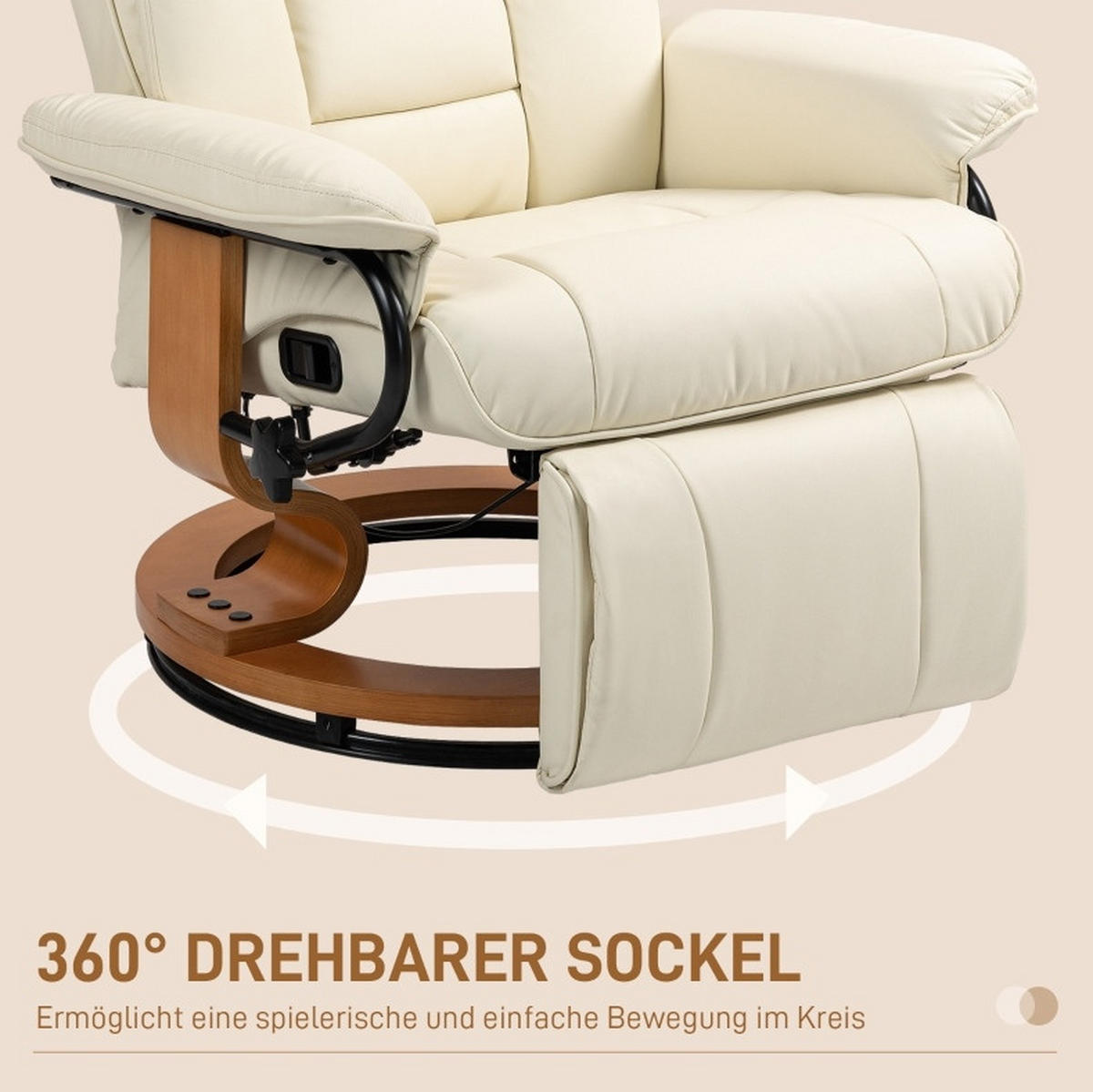RELAXSESSEL Kunstleder mit Liegefunktion, Fußstütze 78/88/103 cm Cremeweiß - Creme, Kunststoff (88/103/78cm) - Redom