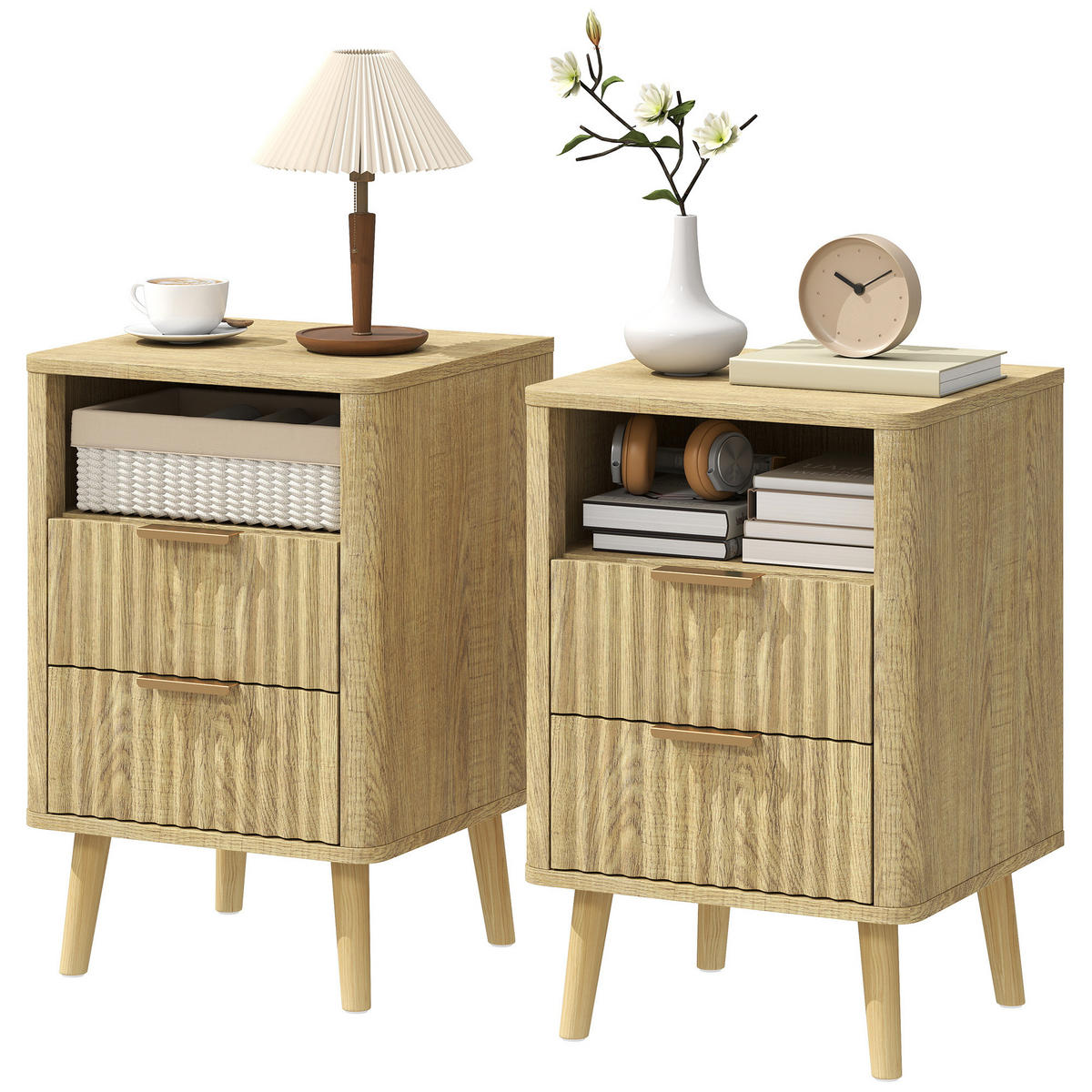 NACHTKOMMODE Eiche MDF und Holz mit 2 Schubladen und offenem Fach 2er-Set - Eichefarben, Holzwerkstoff (40/61/40cm) - PANGIVO