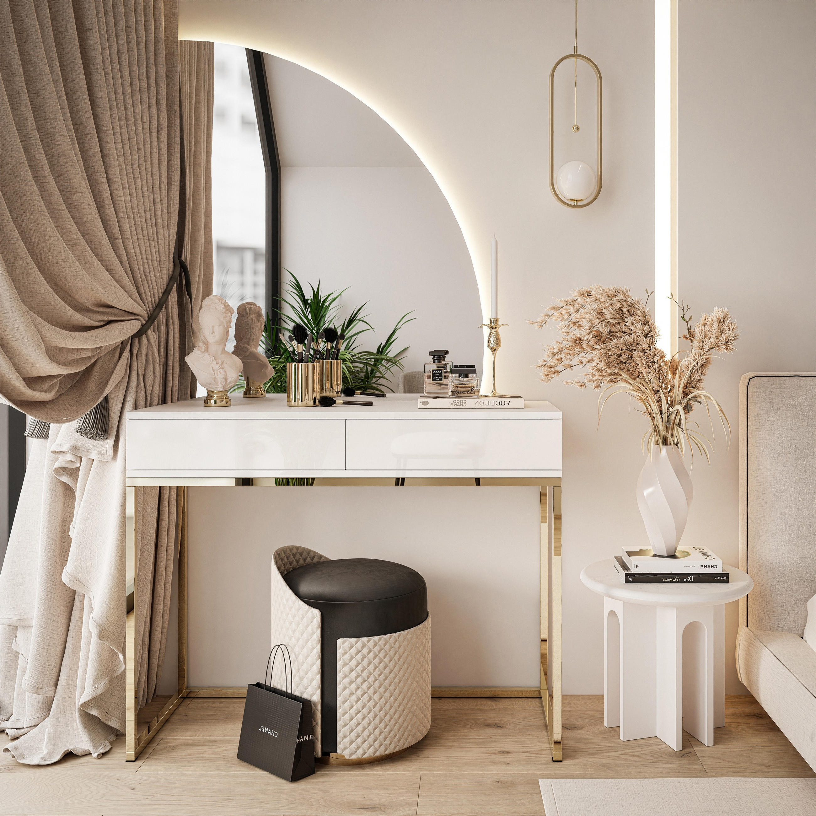 SCHMINKTISCH weiß QUINNIE mit LED-Spiegel gold Chrom rechts PUSH OPEN - Goldfarben/Weiß, Holzwerkstoff (100/176/42cm) - Lookway