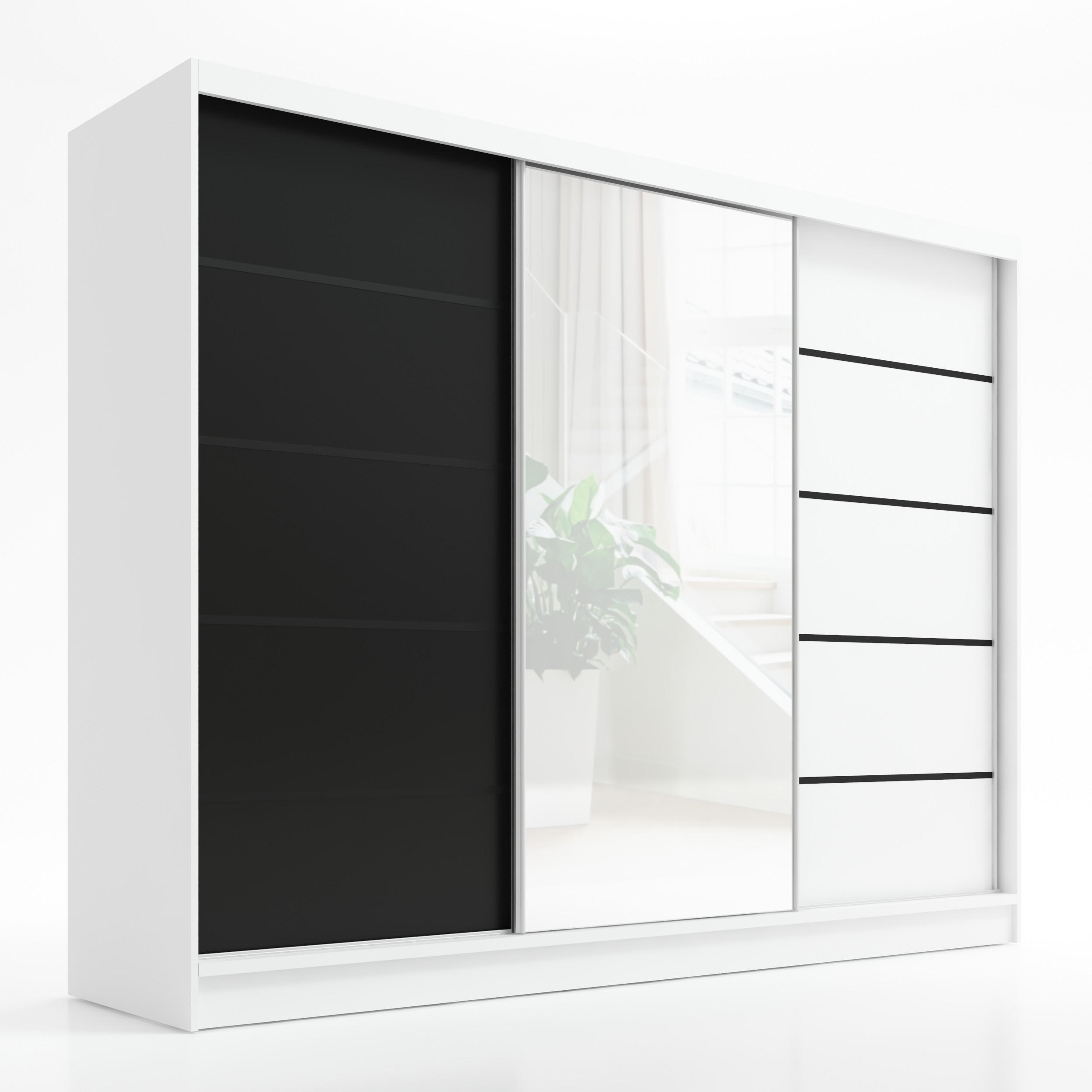 A&J MöbelLand Schwebetürenschrank Weiß, Schwarz, Weiß 200x215x60 cm