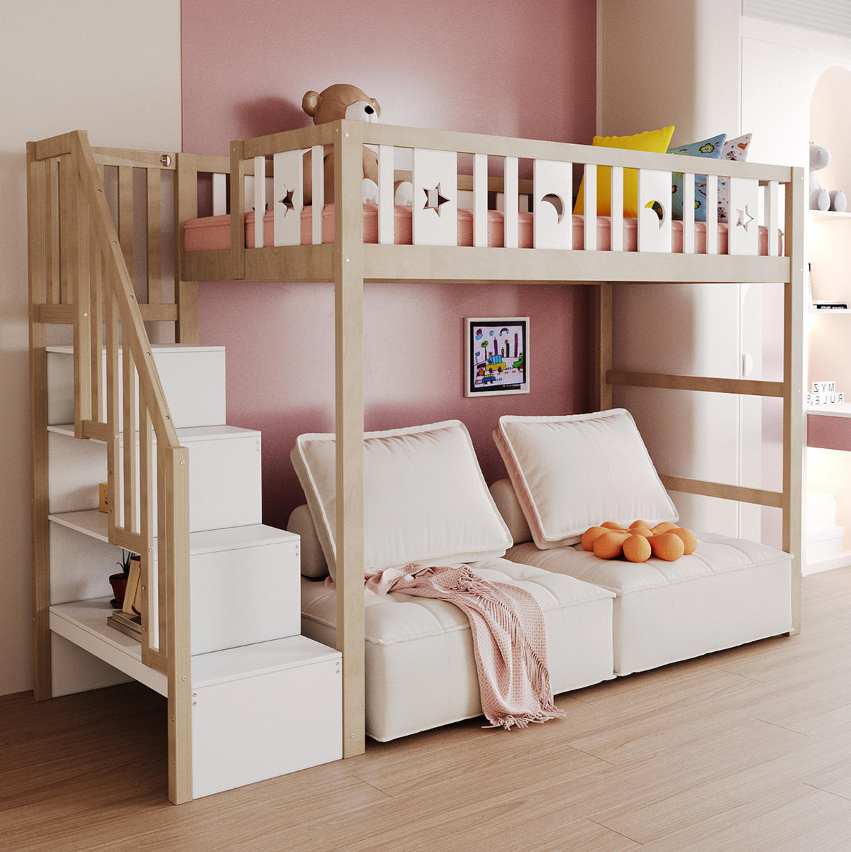 HOCHBETT 90/200 cm mit Treppe, Regalen und Stern-Mond-Geländer, Weiß/Natur - Naturfarben, Holzwerkstoff (90/200cm) - Redom