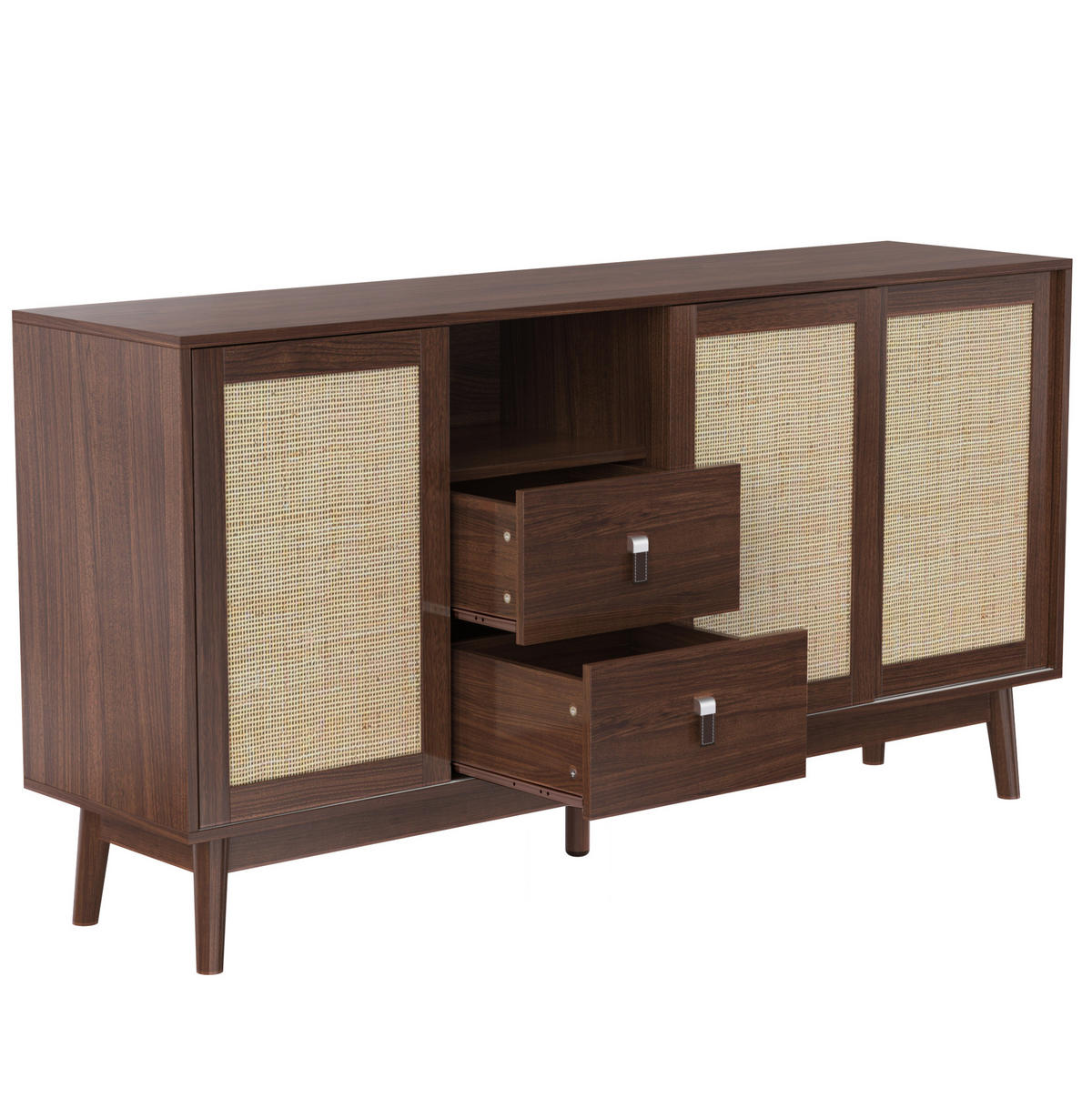 SIDEBOARD 155/38/80 cm in dunklem Holz mit 3 Rattan-Schiebetüren und 2 Schubladen - Nussbaumfarben, Holzwerkstoff (155/80/38cm) - Flora Grace