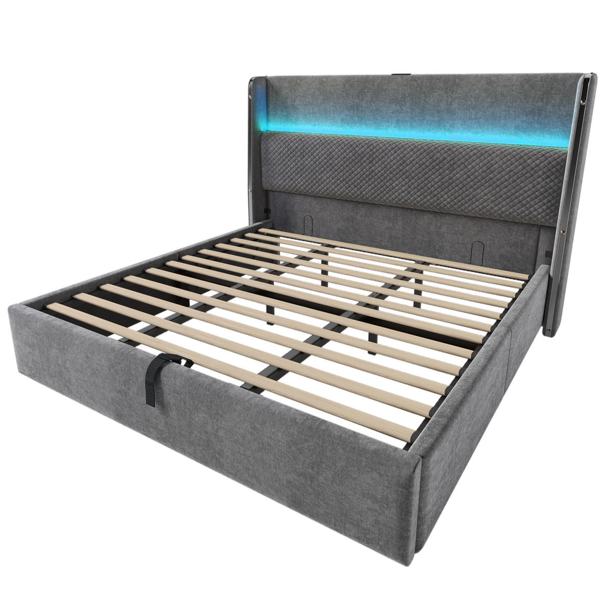 ČALOUNĚNÁ postel 180/200 cm šedá z lnu s LED osvětlením, USB a úložným prostorem - šedá, textil (180/200cm) - OKWISH