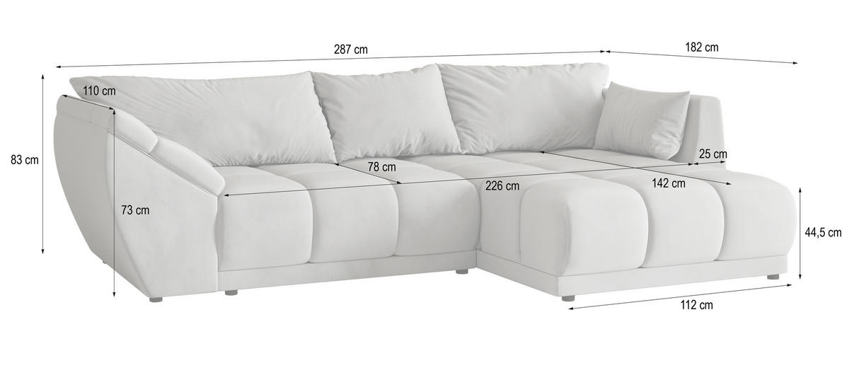ECKSOFA ORENTI R-S Hellgrau Velours-Stoff mit Schlaffunktion - Hellgrau, Holz (287/182cm) - MASSENO