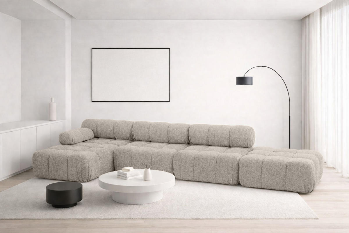 ECKSOFA L-Form XL, Stoff Bouclé Abriamo, Beige, Links, Selia L XL - Beige, Holz (380/160cm) - Kaiser Möbel