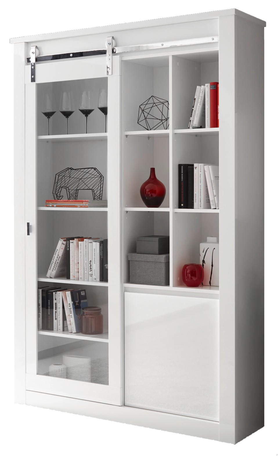 VITRINE weiß Hochglanz 133 x 201 cm, Vitrinenschrank inklusive LED-Beleuchtung, Soft-Close - Chromfarben/Weiß Hochglanz, Glas/Holzwerkstoff (133/153/38cm) - Furn.Design