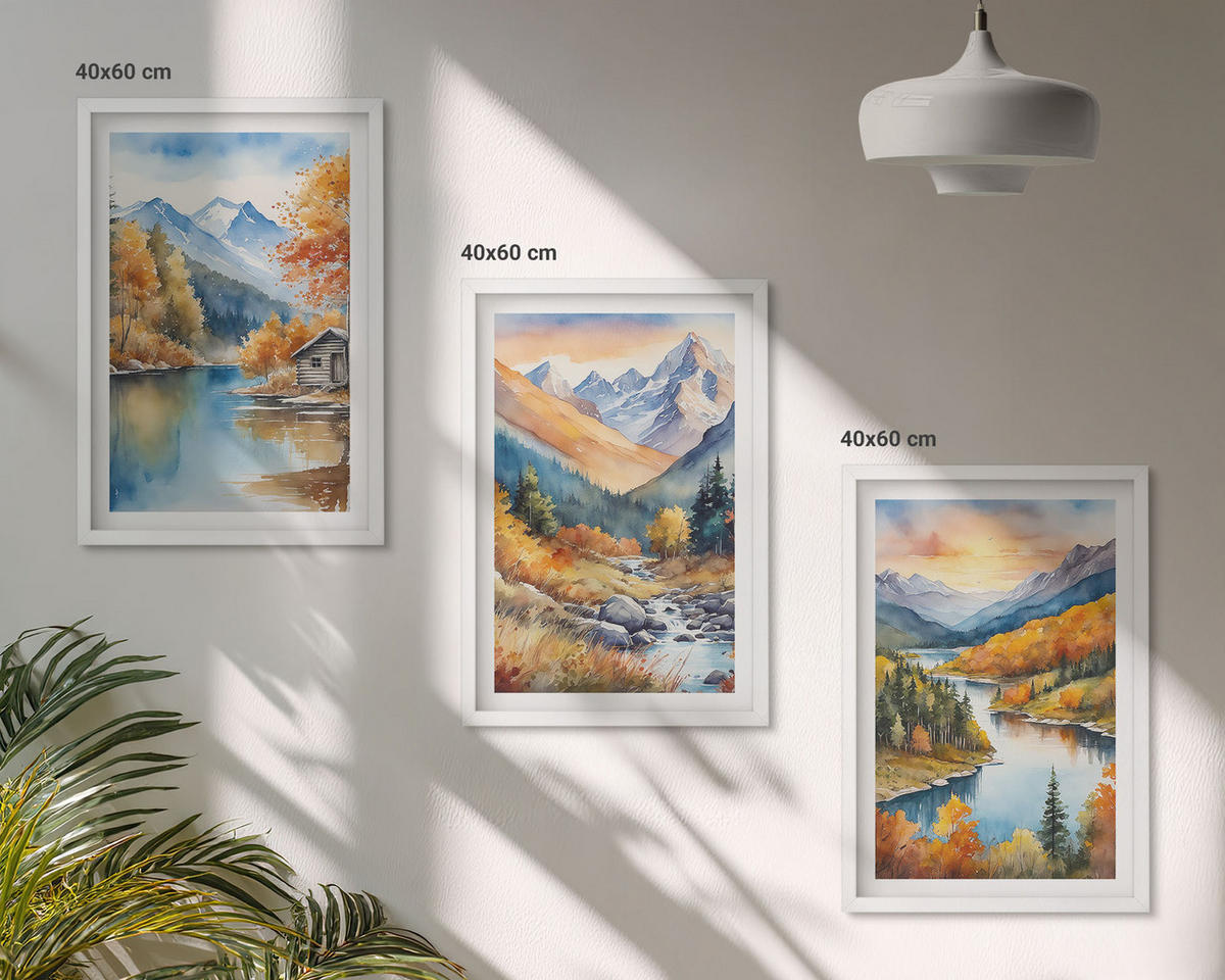 WANDBILDER 3er-Set - 40x60 cm Weißer Rahmen - Berglandschaft, Fluss, Herbst - Weiß, Kunststoff (40/60cm) - ArtPrintCave