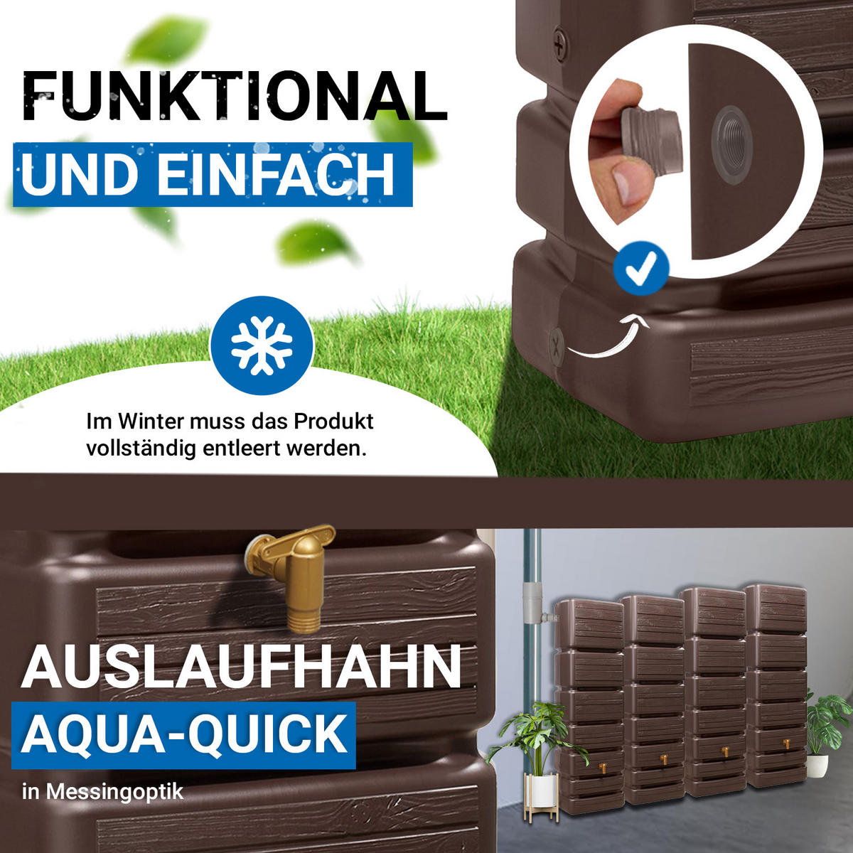 WANDTANK Komplett-Set 1400 L dark 4 x 350 L inkl. Verbindungsset, Kunststoff-Auslaufhahn und Fallrohranschluss - Braun, Kunststoff (270/184/39cm) - 4rain